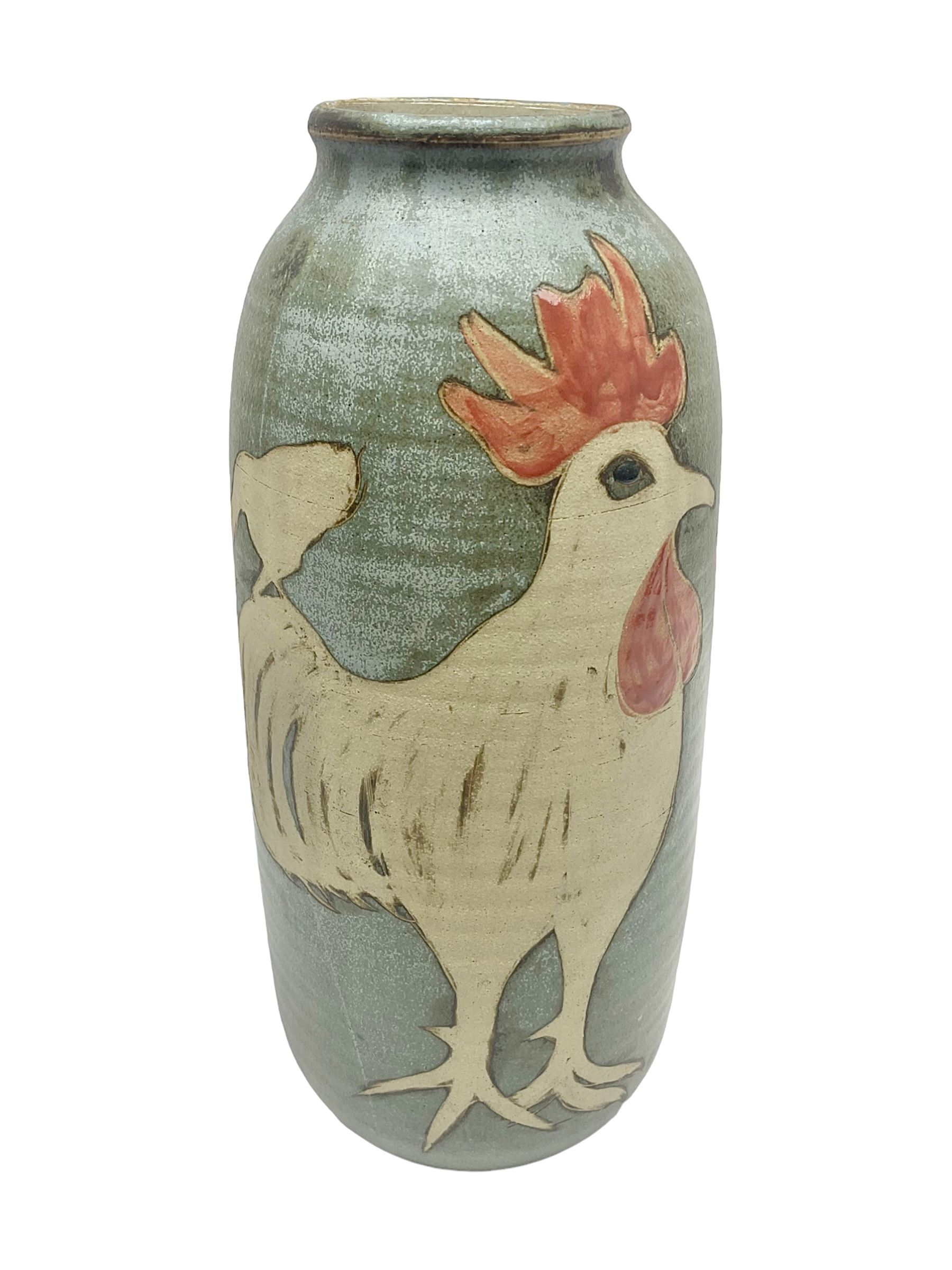 John Egerton (c1945-): studio pottery stoneware vase, decorated with chickens on a blue ground, H37cm