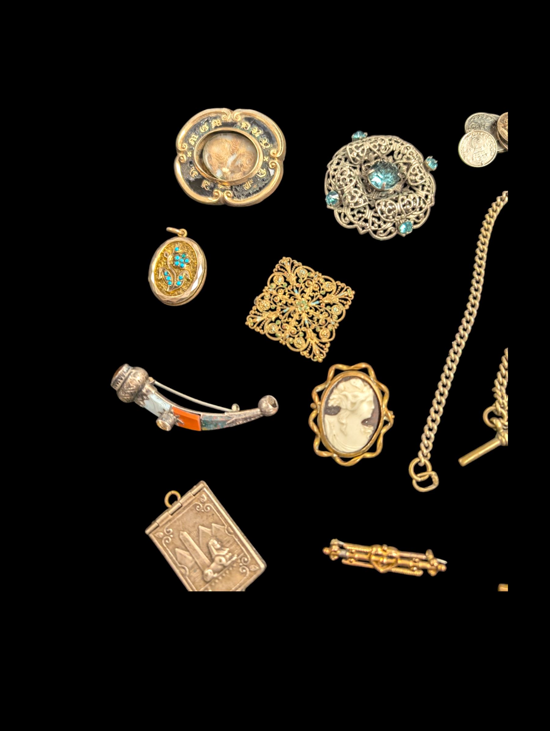 9ct gold brooch, silver brooches including hardstone set dirk brooch, silver chain links and a collection of Victorian and later costume jewellery including hairwork brooch and locket