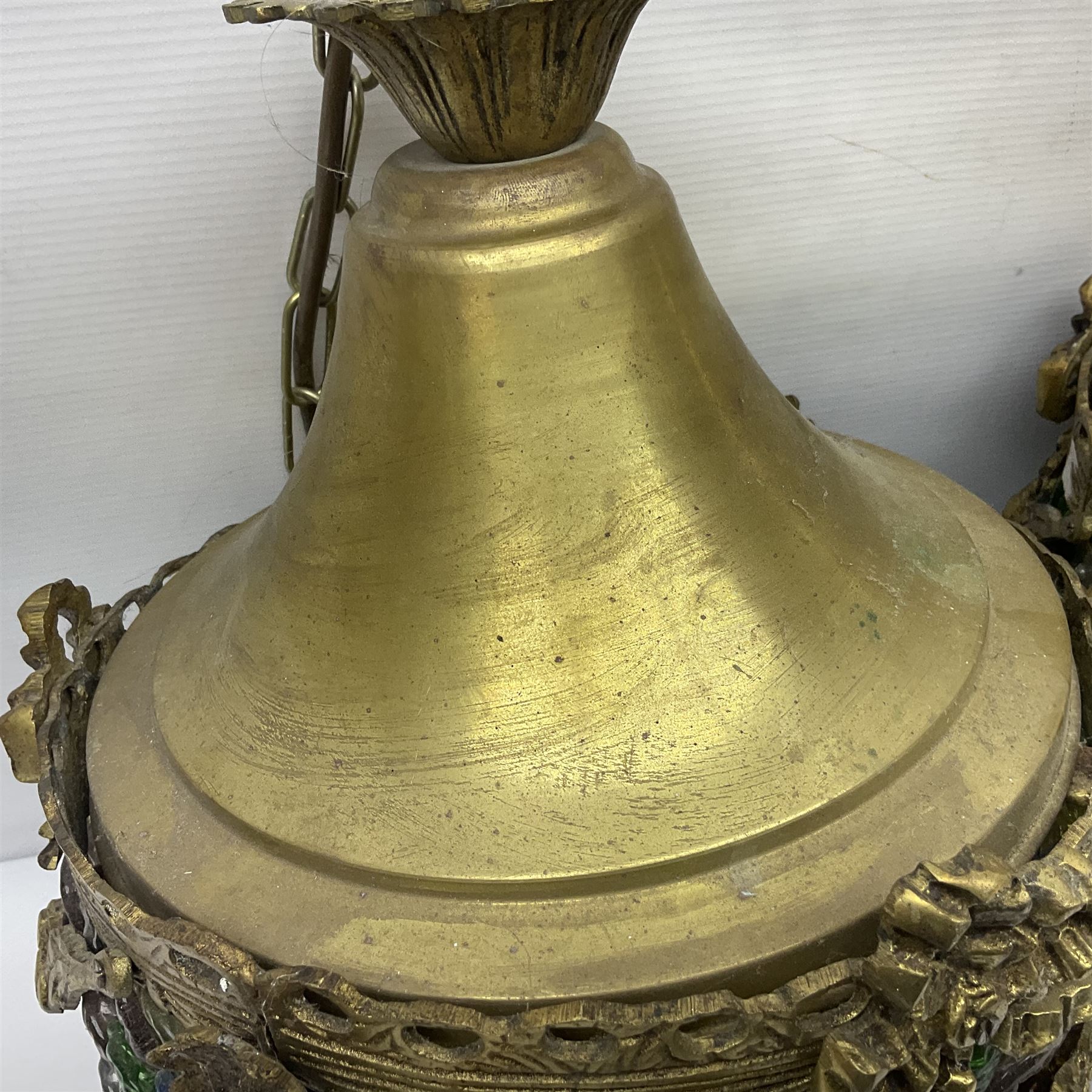 Two 20th century brass and murano glass pendent lanterns, each lantern is decorated with individual multi-coloured glass flowers, suspended from brass cover with floral swags, H40cm