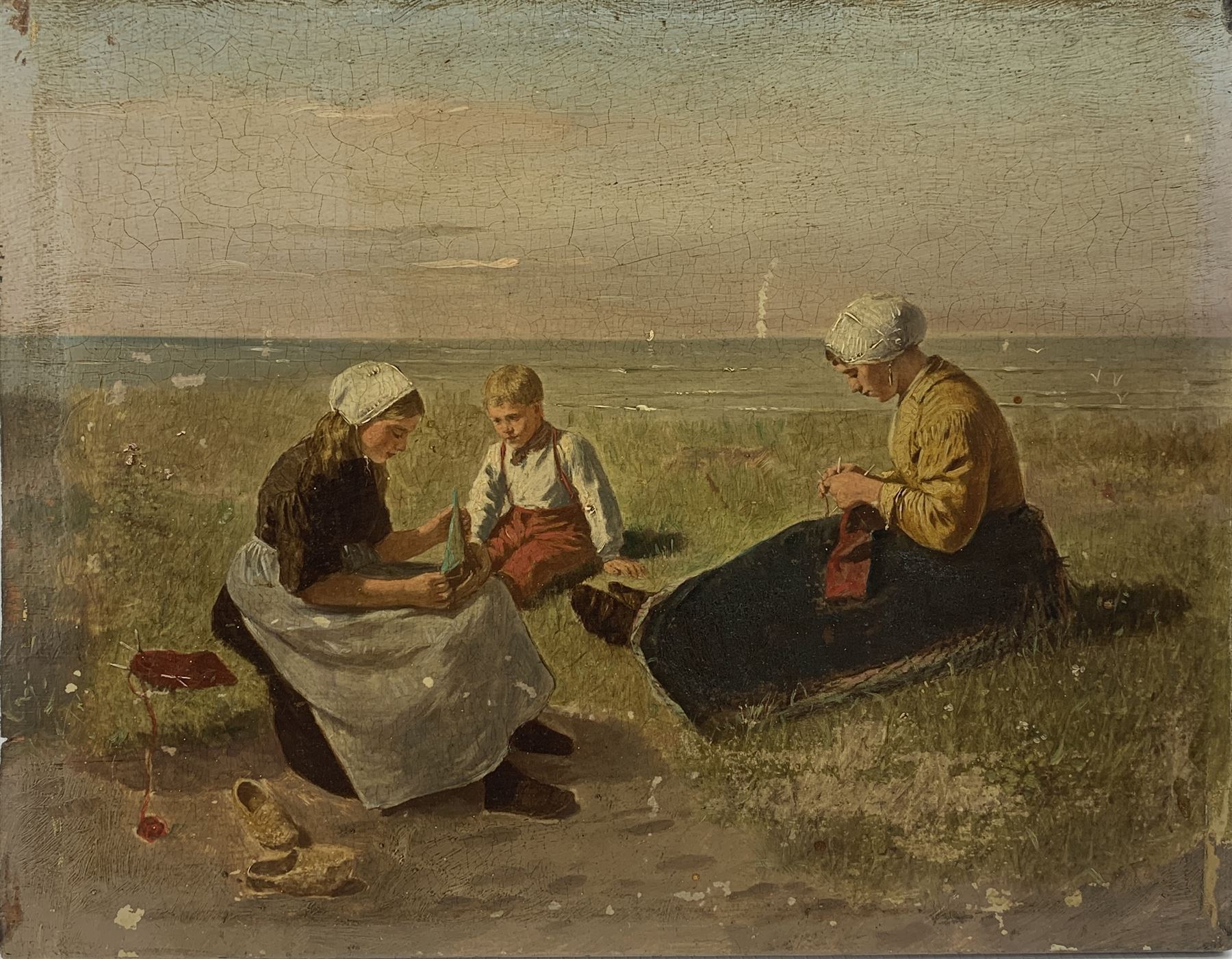 After J S Lomers (French 19th Century): Family at the Beach, overpainted print on panel 21cm x 26cm 