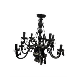 Two classical black glass fourteen branch chandeliers