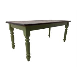 Hardwood dining table, rectangular top on laurel green painted base, fitted with turned supports 