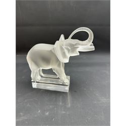 Lalique frosted glass model of an African Elephant, on clear rectangular plinth, engraved beneath Lalique France, H15.5cm