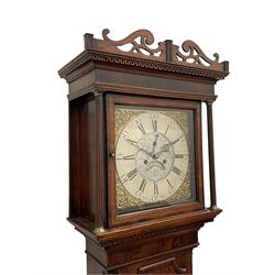 William Watson of  Blackburn (Lancs)  - late 18th century 8-day oak and mahogany cross banded longcase clock, with a flat top and open fretwork above, deep cornice with dogtooth moulding and frieze beneath, square hood door flanked by reeded pilasters with brass capitals, trunk with  reeded quarter columns, long trunk door with concave corners on a plinth with canted corners on bracket feet, brass dial with cast brass spandrels, broad silvered chapter ring with Roman numerals and five-minute Arabic's, a profusely engraved and silvered dial centre with seconds dial, matching steel hands and calendar aperture, hourly rack striking movement with a recoil anchor escapement. With weights, pendulum and key. 
William Watson of Northgate, Blackburn, is recorded as working c1770-1814 . As with this clock he frequently signed some of his clocks without a placename.