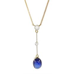 Early 20th century 14ct gold and platinum milgrain synthetic cabochon sapphire and old cut diamond pendant, on later 9ct gold trace link chain necklace