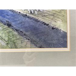 Elspeth Buchanan (Scottish 1915-2011): 'Schiehallion and a Perthshire Farm', mixed media signed and dated 1990, titled on label with artist's address verso 39cm x 58cm