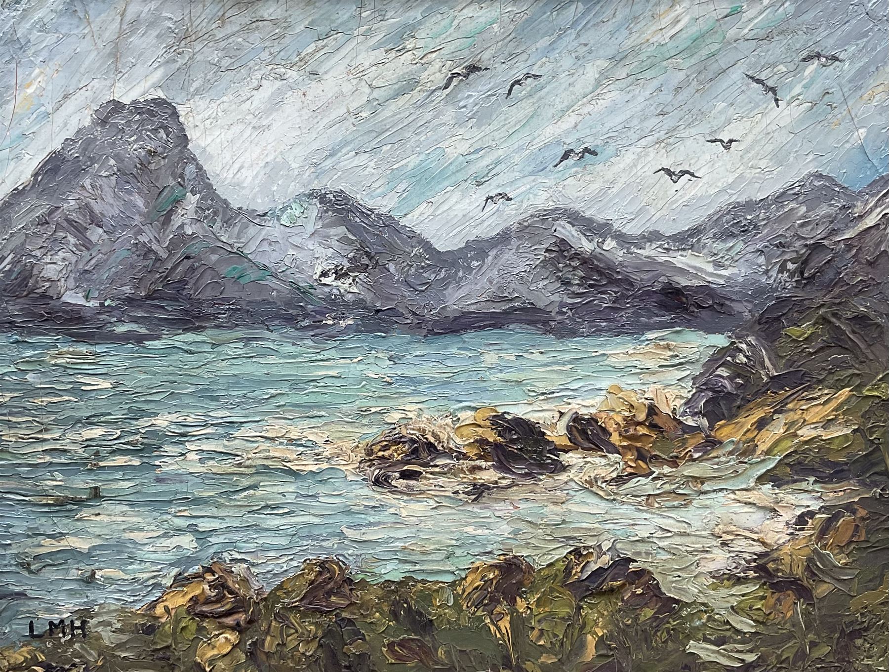 Letitia Marion Hamilton (Irish 1878-1964): Seabirds above a Rocky Coast, impasto oil on board signed with initials 34cm x 44cm