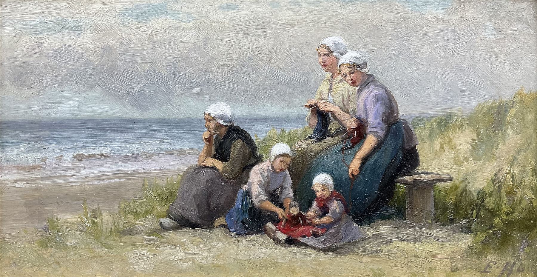 Edith Hume (British 1843-1906): Girls on the Beach, oil on panel signed 14cm x 26cm