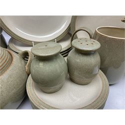 Denby tea and dinner wares, including bowls, jugs, tureens, side plates, dinner plates, serving dishes, cups and saucers, coffee pot, etc, all decorated with a green and brown mottled glaze, with printed marks beneath, in two boxes 