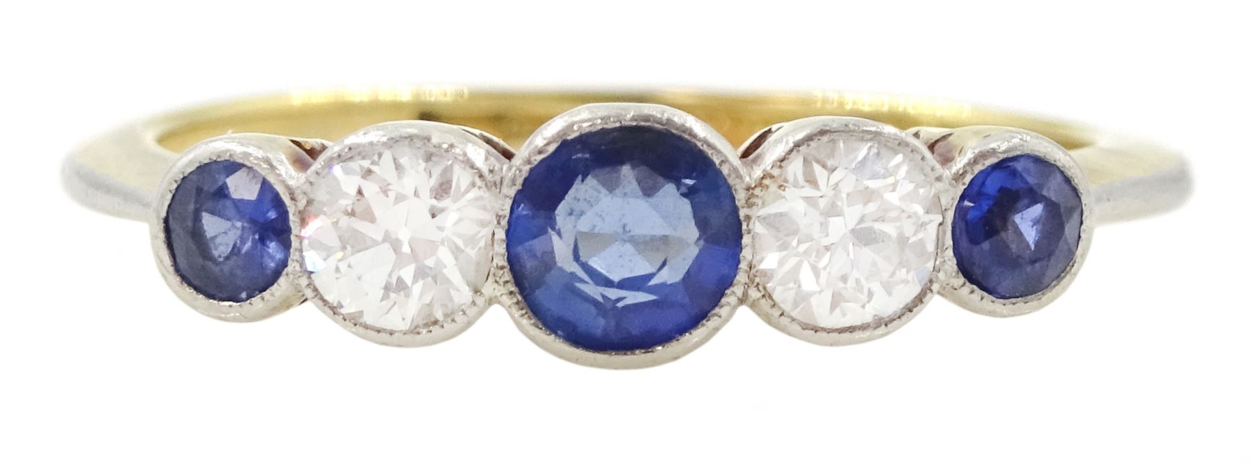 Early 20th century 18ct gold milgrain set five stone round cut sapphire and old cut diamond ring, stamped 18ct, total diamond weight approx 0.20 carat