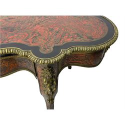 Victorian Louis XV design boulle work centre table, shaped form, decorated extensively with brass and red tortoise shell scroll work, central extending acanthus leaves surrounded by scrolling foliage, gardroon and floral cast brass edge, the frieze rails decorated with further boulle work and green man gilt metal cast masks, the cabriole supports mounted by seated putti mounts on S-scroll brackets surrounded by oak leaves and acorns, ornate scroll and floral cast terminal caps