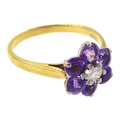 Gold round cut amethyst and round brilliant cut diamond flower head cluster ring, stamped 18ct