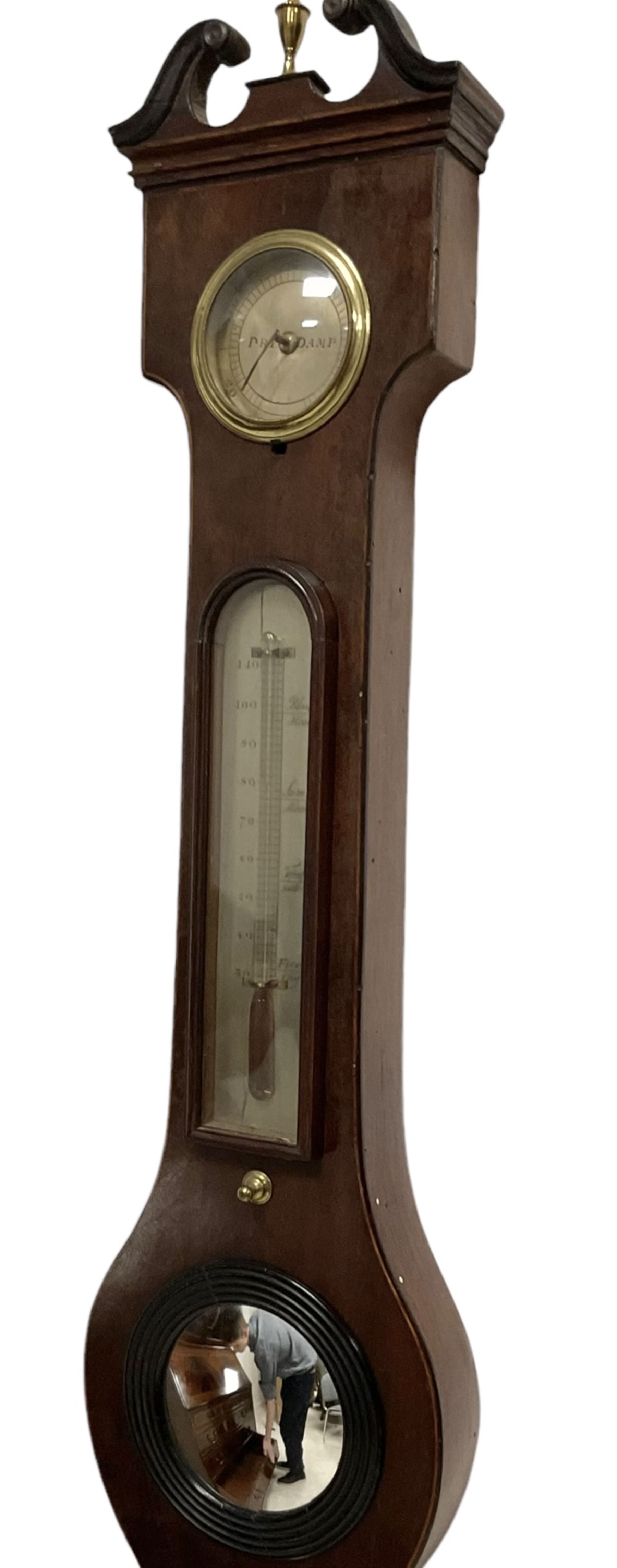 Late Victorian five glass mercury barometer - in a mahogany case with a swans necked pediment and finial , with an 8