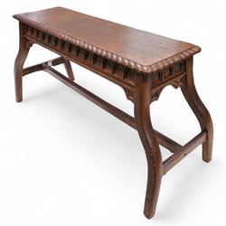 Arts & Crafts period oak bench, rectangular seat with gadroon carved edge, Gothic arcade d...