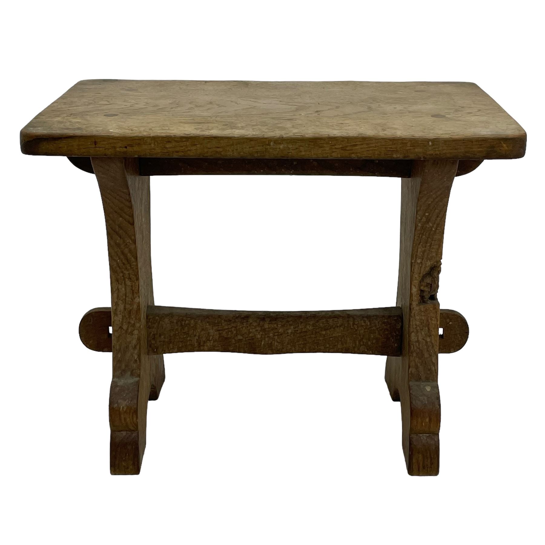 Gnomeman - three oak occasional tables, rectangular adzed top on shaped end supports united by pegged stretcher, each carved with gnome signature, by Thomas Whittaker, Littlebeck, the largest - 46cm x 29cm, H37cm