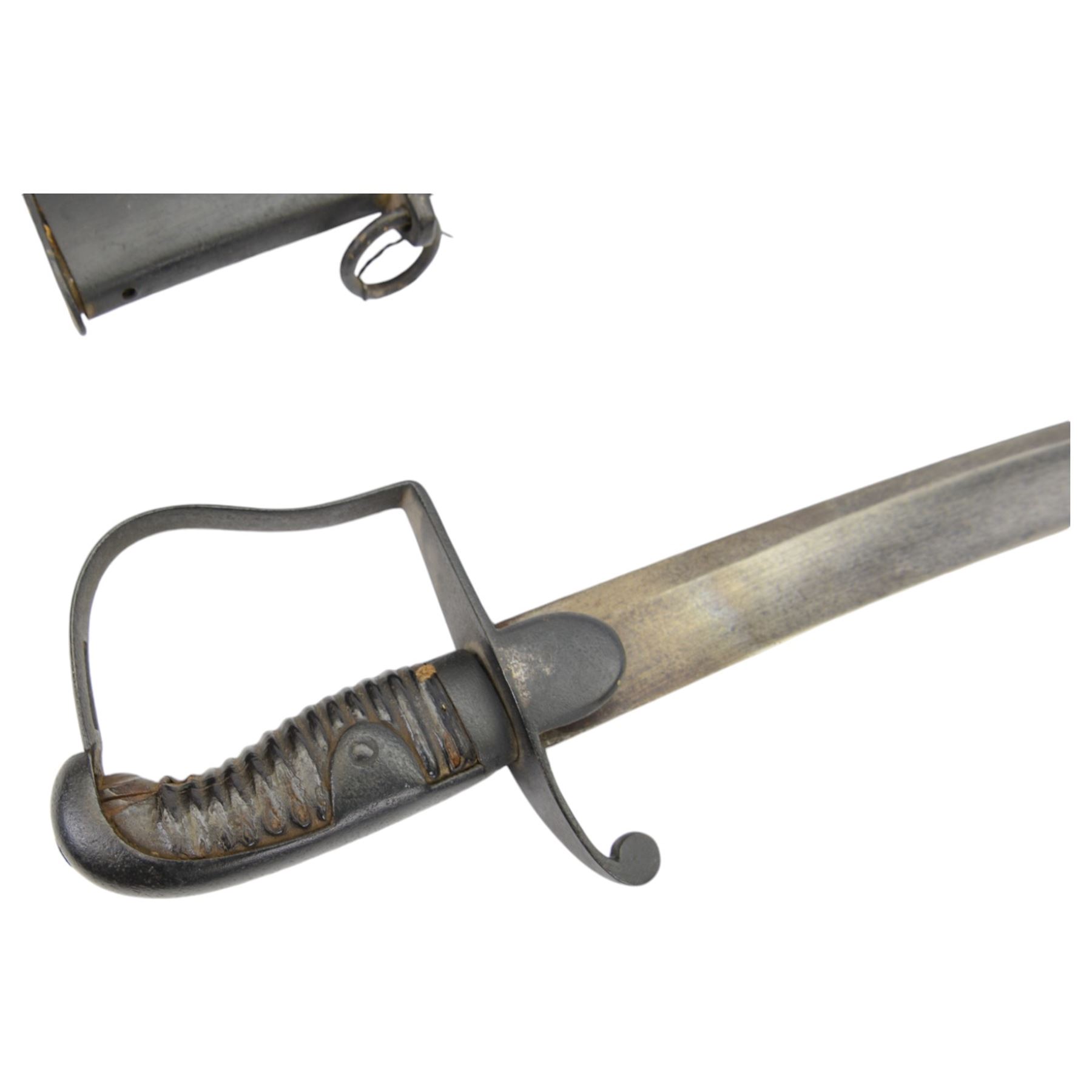 British 1796 pattern light cavalry troopers sword, single edge curved blade, ribbed leather grip, in steel scabbard, L98cm