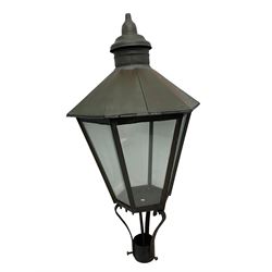 Victorian design six glass lantern, hexagonal tapered from with finial, scrolled lower supports on bracket