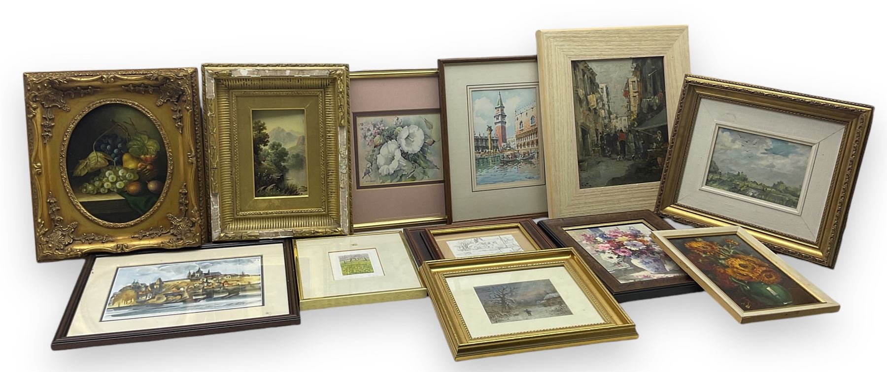 Group of original oils mostly indistinctly signed, watercolours including Edith Buxton, T Orsini etc and a large collection of engravings in one box (approx. 32)