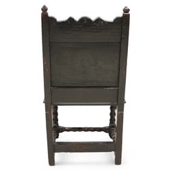 17th century and later oak wainscot chair, shaped cresting rail over panelled back, down sweeping dished arms over plank seat, on bobbin turned supports united by bobbin turned stretchers 