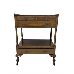 Early 20th century mahogany two-tier trolley stand, rectangular top over two short and two long drawers, turned supports, on cabriole feet with castors