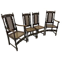 Set of seven (5+2) 19th century Carolean design oak dining chairs, scroll leaf and flower head carved cresting rail over spiral turned uprights and cane work back, the cane work seat on spiral turned supports united by plain stretchers, scrolled leaf carved middle rail 