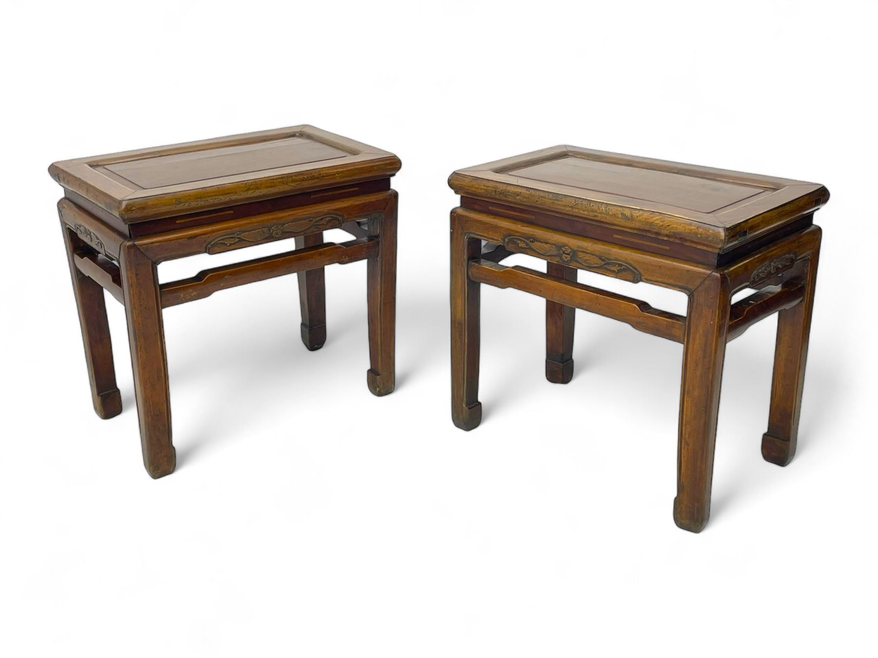 Pair of Chinese Hong Kong hardwood side tables, rectangular panelled top within moulded frame, the frieze rails carved with bats, on square supports terminating to hoof feet, united by shaped upper rails