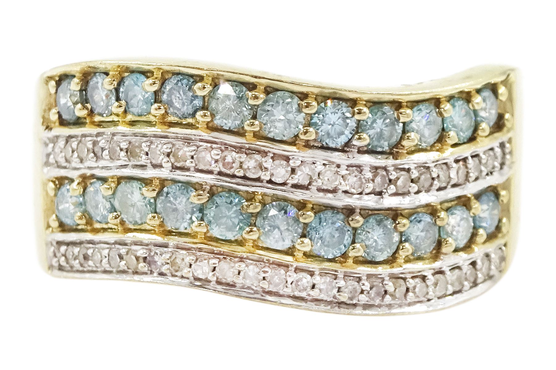 9ct gold four row round brilliant cut fancy blue and white diamond ring, hallmarked