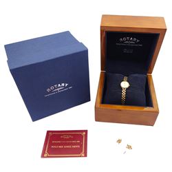 Rotary Elite ladies 9ct gold quartz wristwatch, on integral 9ct gold bracelet, boxed with papers