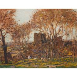 George Graham (British 1881-1941): Cows Grazing at Castle Bolton in Autumn, oil on card signed and dated 1916, 29cm x 38cm