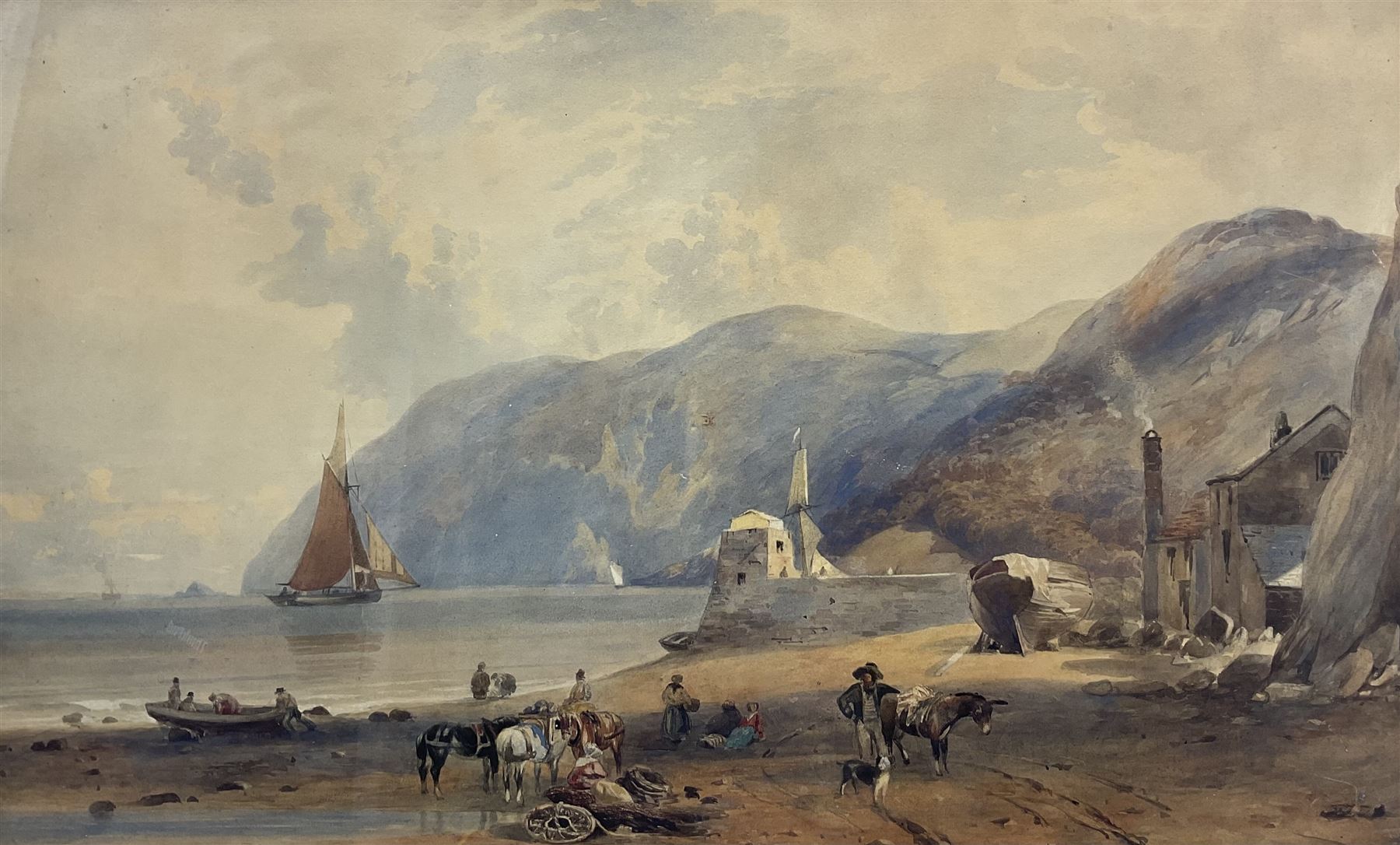 English School (19th century): Unloading on the Beach, watercolour unsigned 44cm x 70cm 