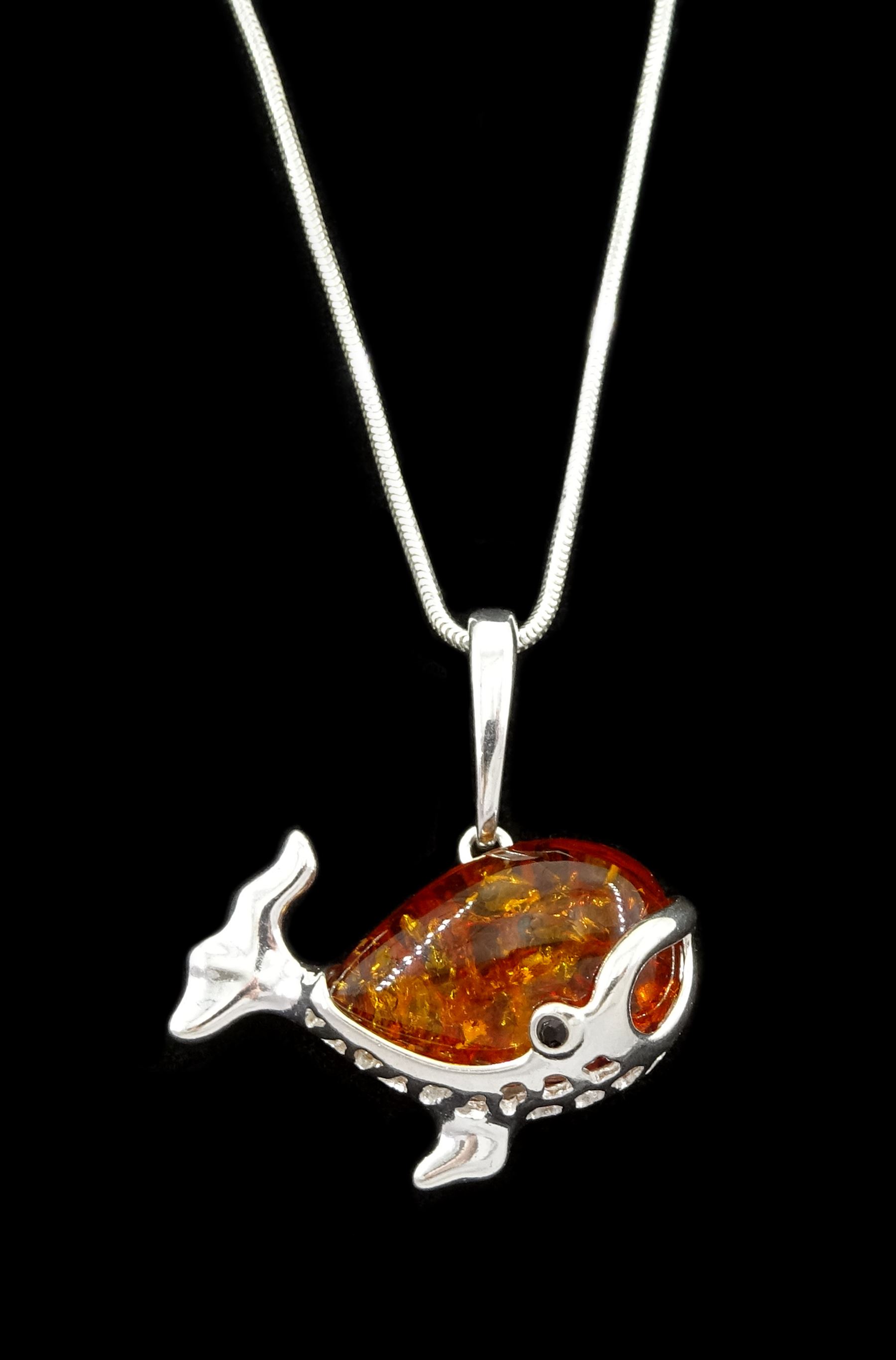 Silver amber whale pendant necklace, stamped 925