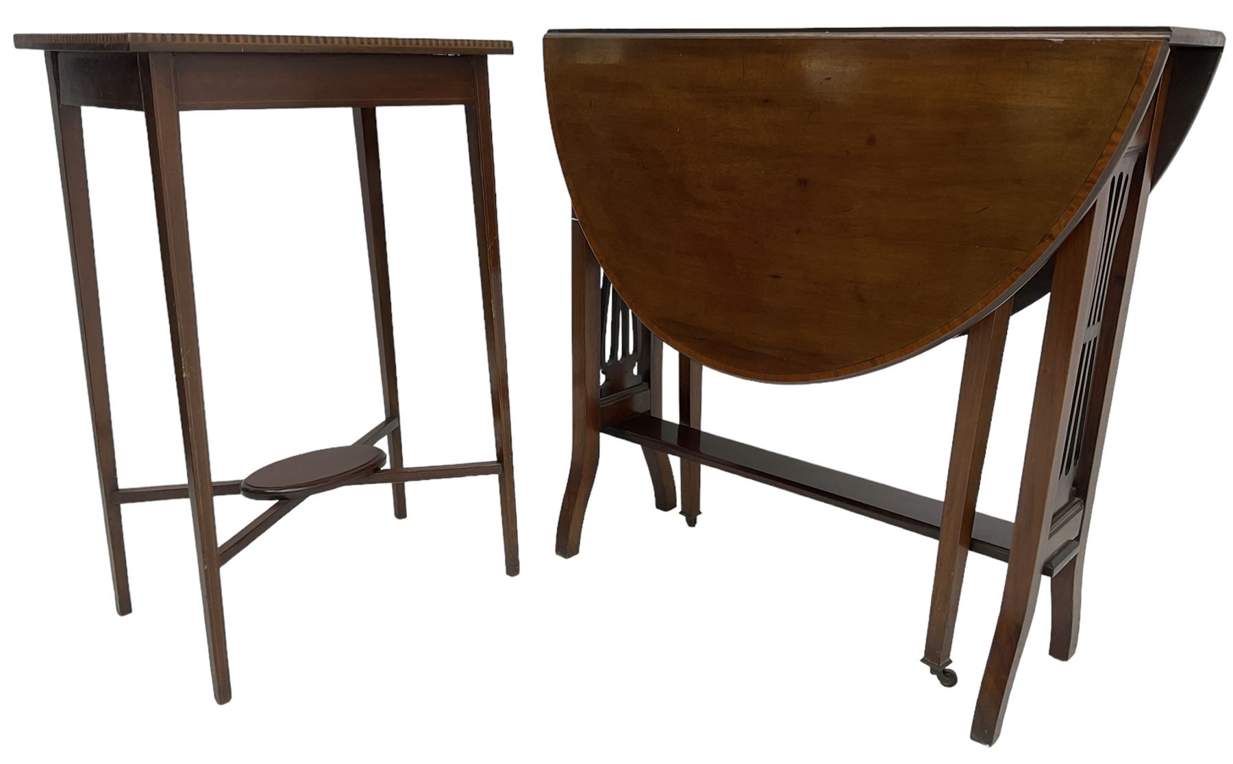 Edwardian inlaid mahogany rectangular occasional table (45cm x 31cm, H72cm); Edwardian mahogany drop-leaf Sutherland table (76cm x 92cm x 74cm)