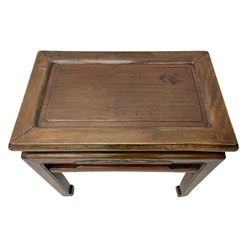 Pair of Chinese Hong Kong hardwood side tables, rectangular panelled top within moulded frame, the frieze rails carved with bats, on square supports terminating to hoof feet, united by shaped upper rails