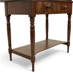 Early Victorian mahogany wash stand, pointed and sloped arch back with shaped and pierced scroll returns, rectangular top over two drawers, on turned supports united by undertier 