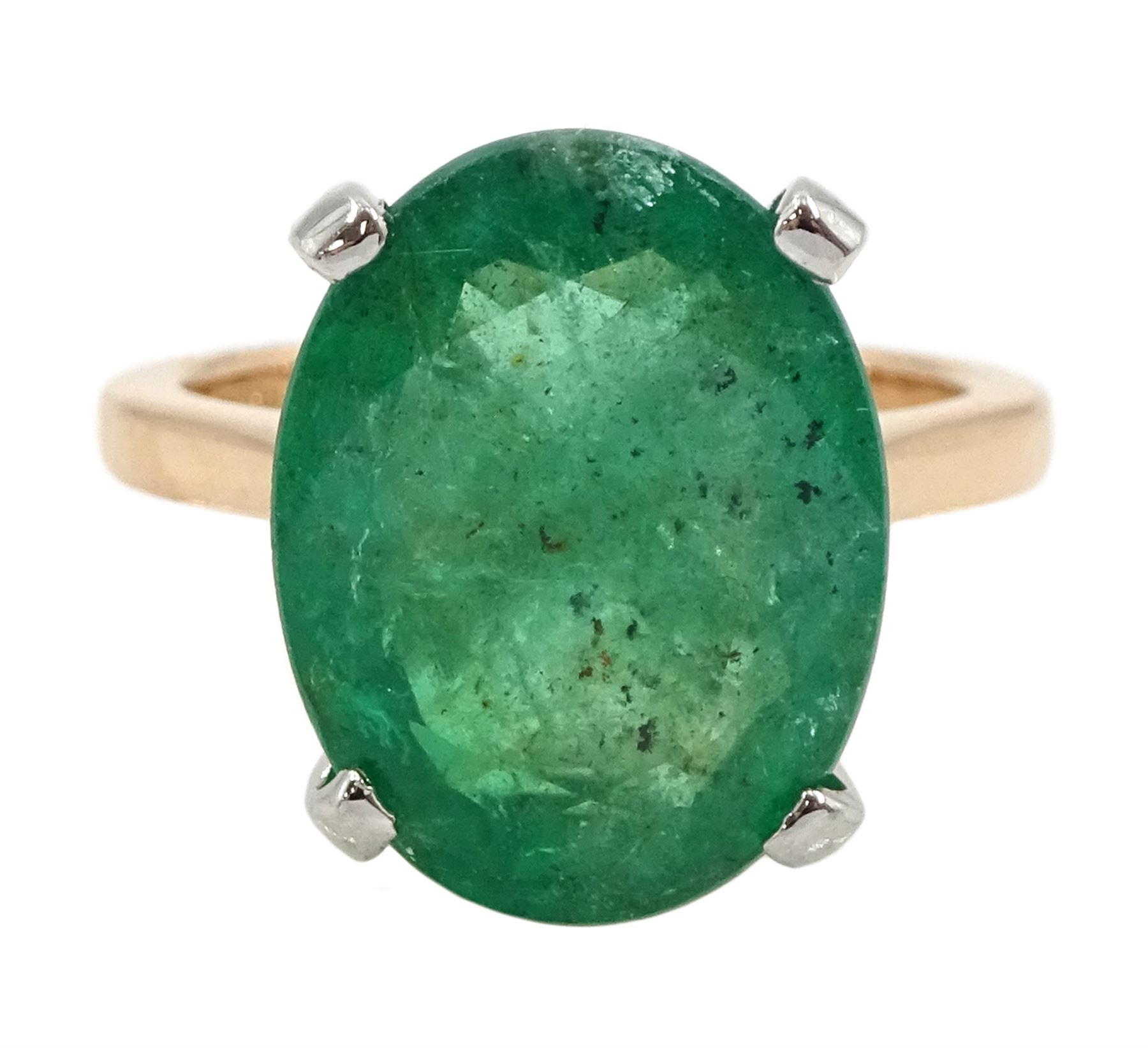 18ct rose gold and platinum single stone oval cut emerald ring, hallmarked, emerald approx 6.60 carat