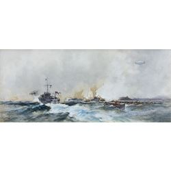 Frank Henry Mason (Staithes Group 1875-1965): 'Picking up Survivors - North Bay Scarborough - Submarine in Sight', watercolour signed, titled on original Henry Whitley & Son label verso 20cm x 45cm