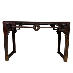 19th century Chinese lacquered hardwood altar table, rectangular top with moulded edge, the pierced and carved frieze decorated with Chinese scroll symbols and a central circular roundel motif with raised scrolling carvings, on rectangular end supports