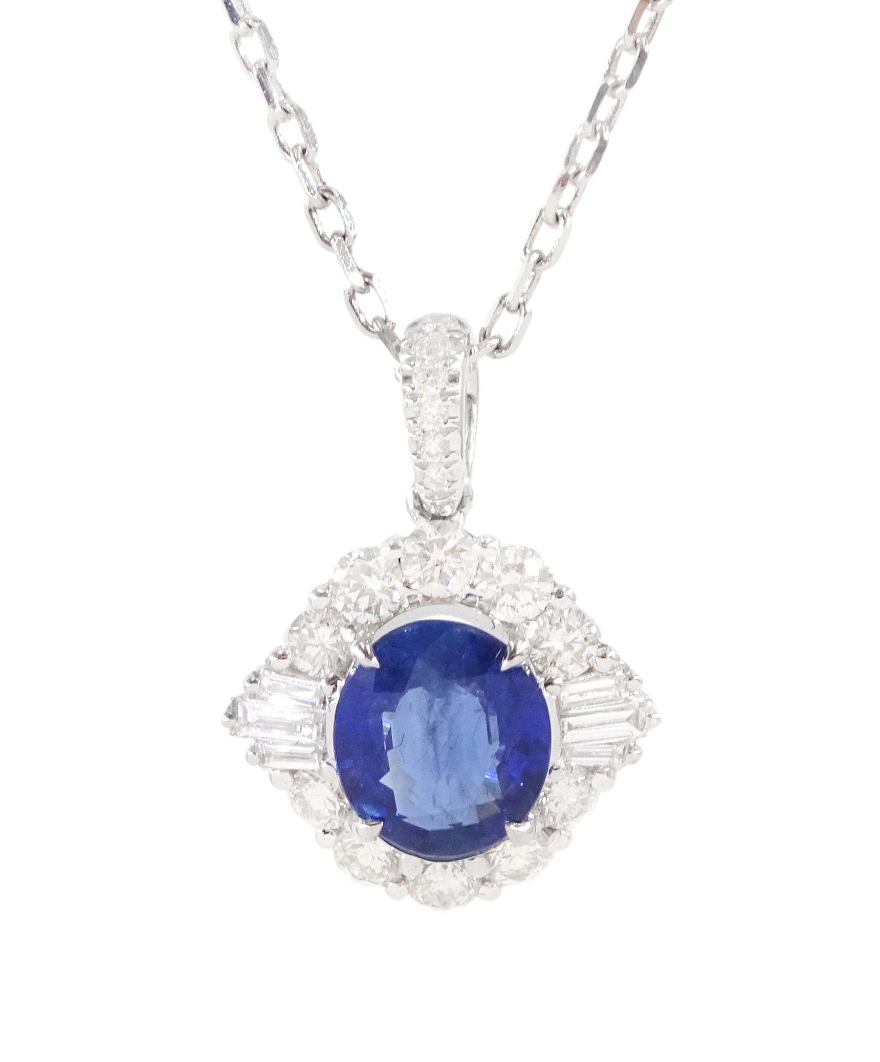 18ct white gold oval cut sapphire, round tapered baguette cut diamond cluster pendant necklace, sapphire approx 1.40 carat, total diamond weight approx 0.65 carat