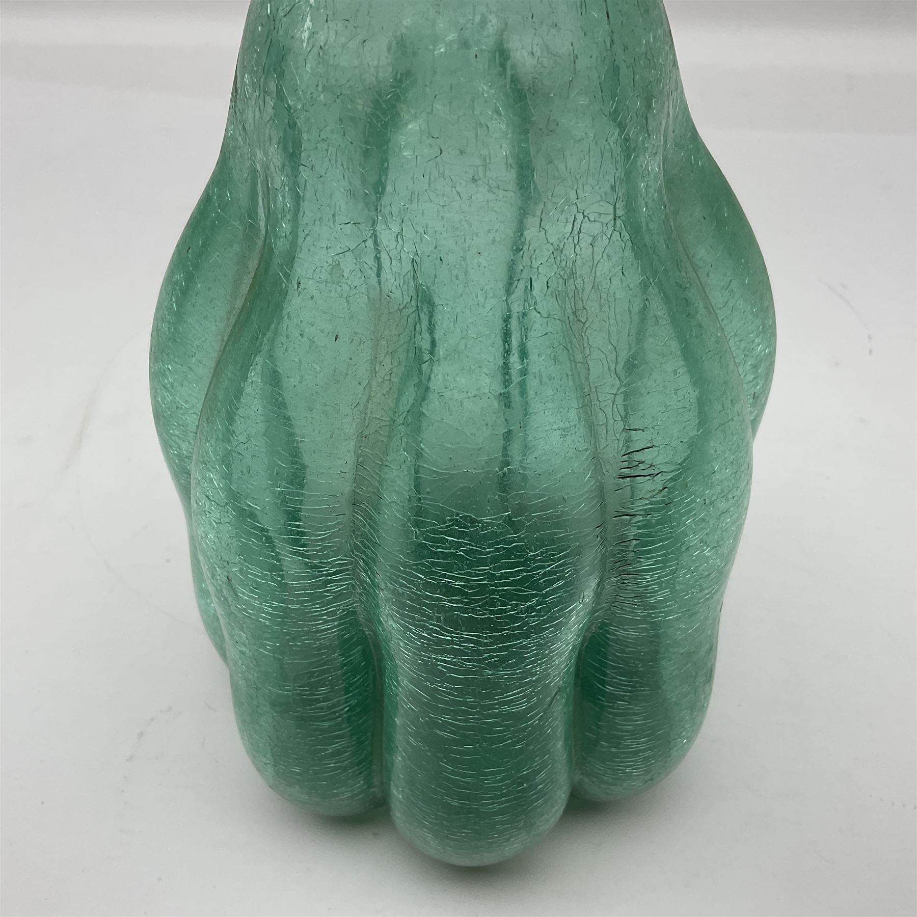 Murano green glass vase in the style of Barovier and Torso, the crackle design styled as a gourd with a fluted rim, H32cm