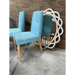 Two metal lanterns, three hessian tub shaped chairs, two blue chairs, two a French chairs, upholstered armchairs, two X framed stools, wall mirror, three drawer chest (14)