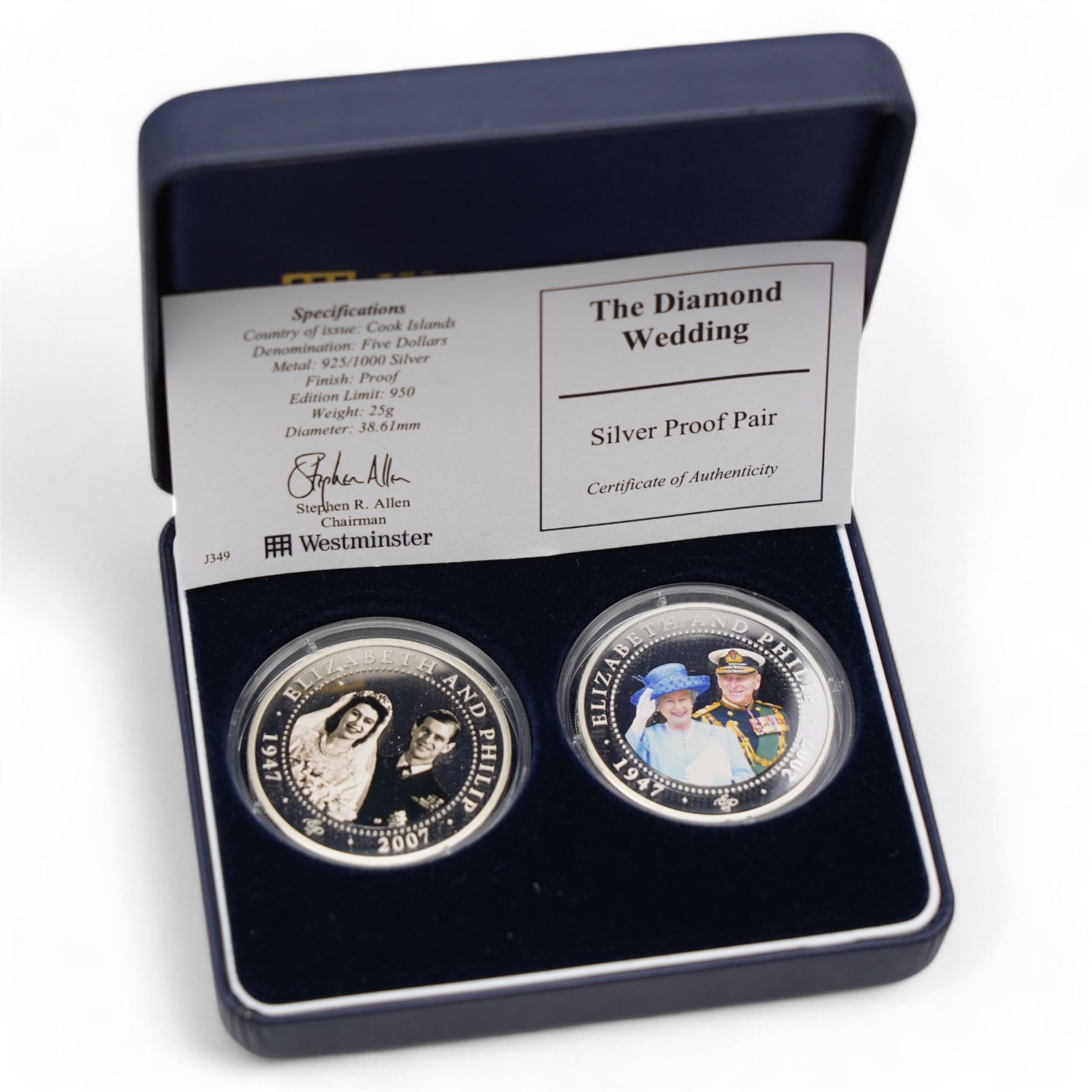 Six silver coins or sets, comprising 1999 'Diana' five pounds, Nightingale Island 2005 'The Life of HM Queen Elizabeth The Queen Mother' five coin set, Tristan Da Cunha 2006 five pounds, Cook Islands 2007 'The Diamond Wedding' coin pair, 2011 one ounce fine silver Britannia and 2012 one ounce fine silver Britannia, all cased or on cards