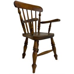 19th century elm and beech child's farmhouse chair, shaped cresting rail over stick back, on turned supports 