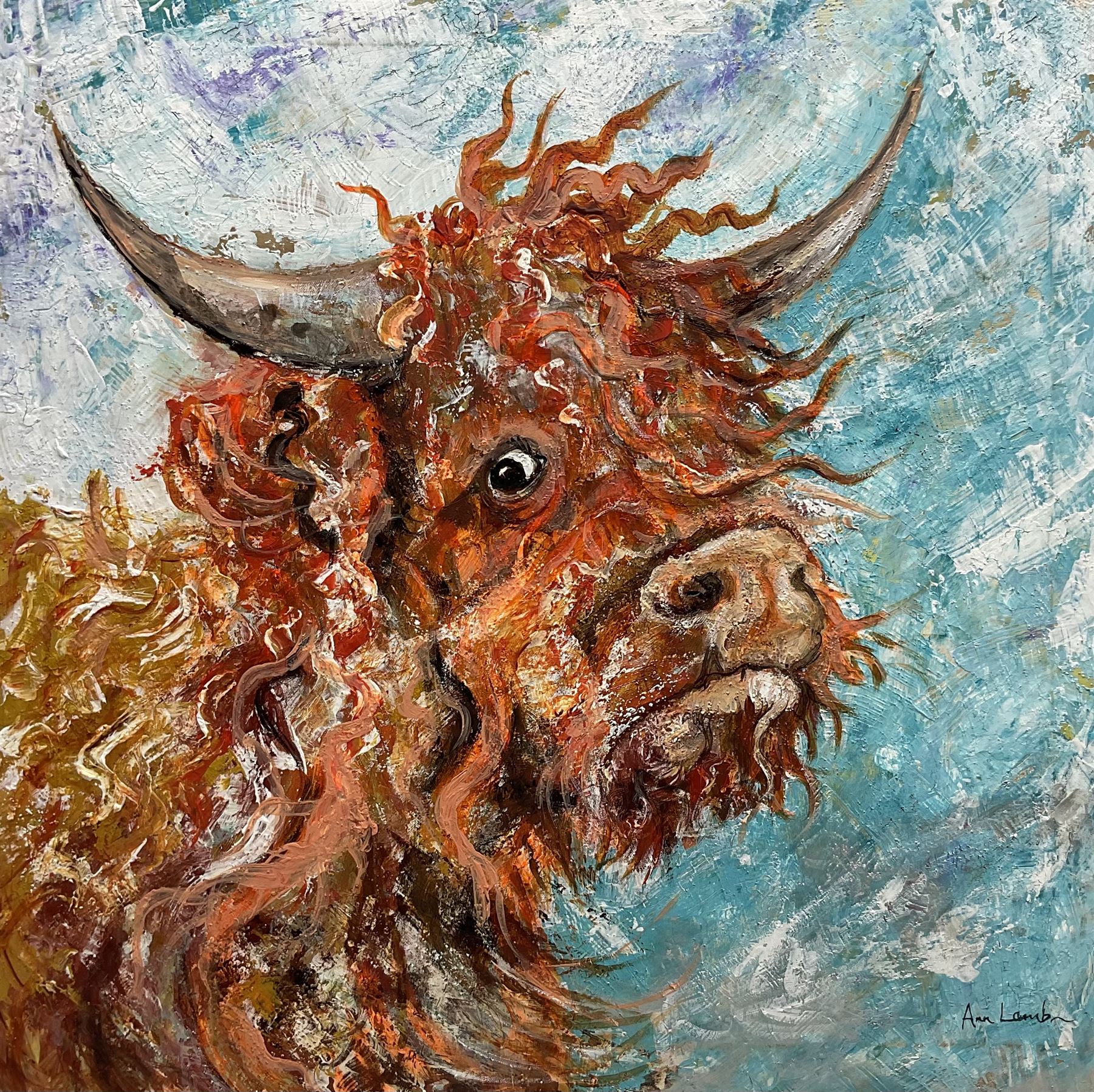 Ann Lamb (British 1955-): Windswept Highland Cow, mixed media on canvas signed 48cm x 48cm