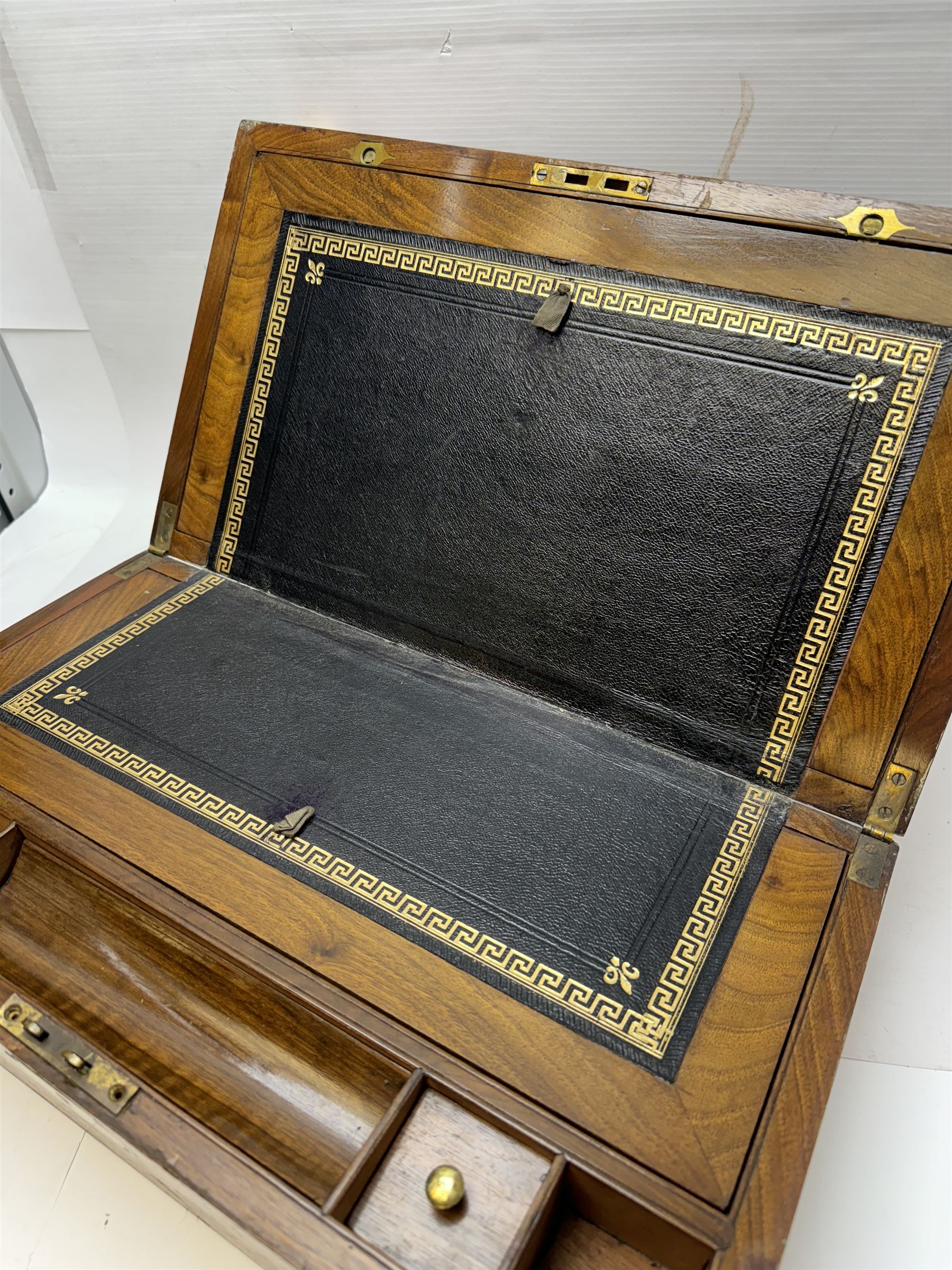 Victorian mahogany brass bound writing slope, together with a carved oak book slide, oak silver plated desk stand and a canteen box with engraved brass shield cartouche, writing slope W45cm