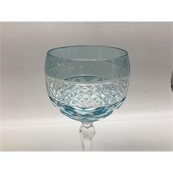 Set of six Harlequin coloured glass hock glasses, each with a band of hobnail decoration, upon faceted stems, H19.5cm