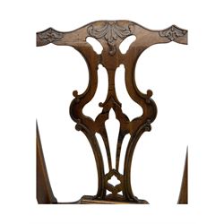 George III Chippendale design dining chair, shaped cresting rail carved with foliate scrolls over pierced and carved splat, floral needle-work upholstered drop-in seat, on square moulded supports united by H-stretchers 