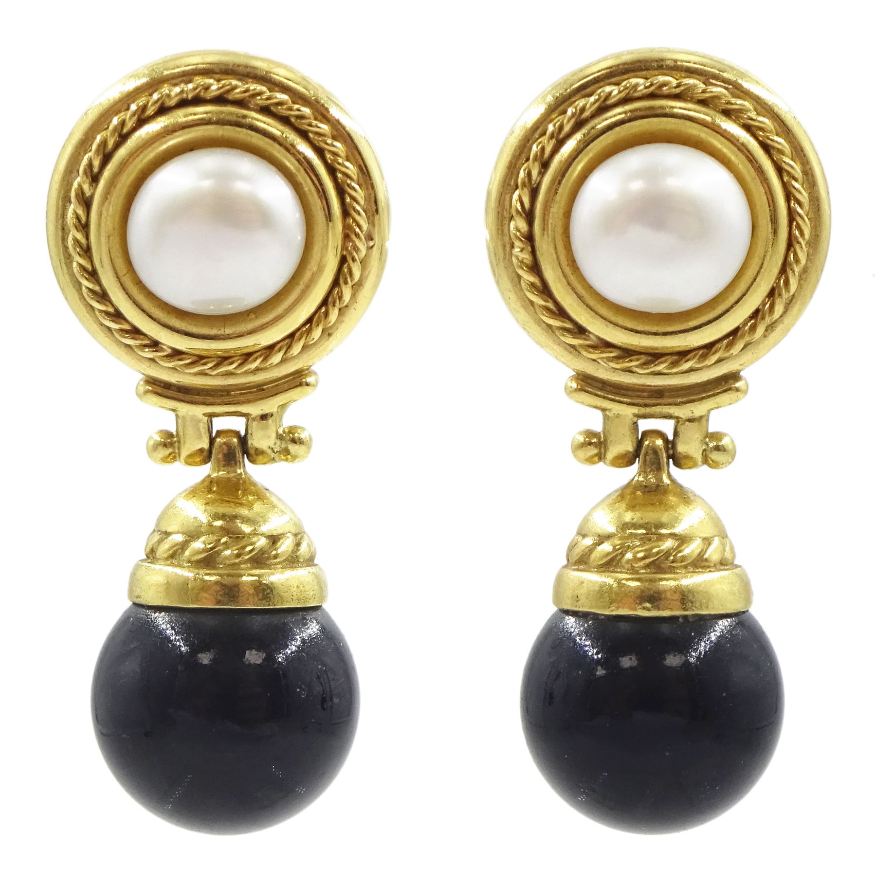 Pair of 18ct gold black onyx and pearl pendant stud earrings, Sheffield import mark 1990