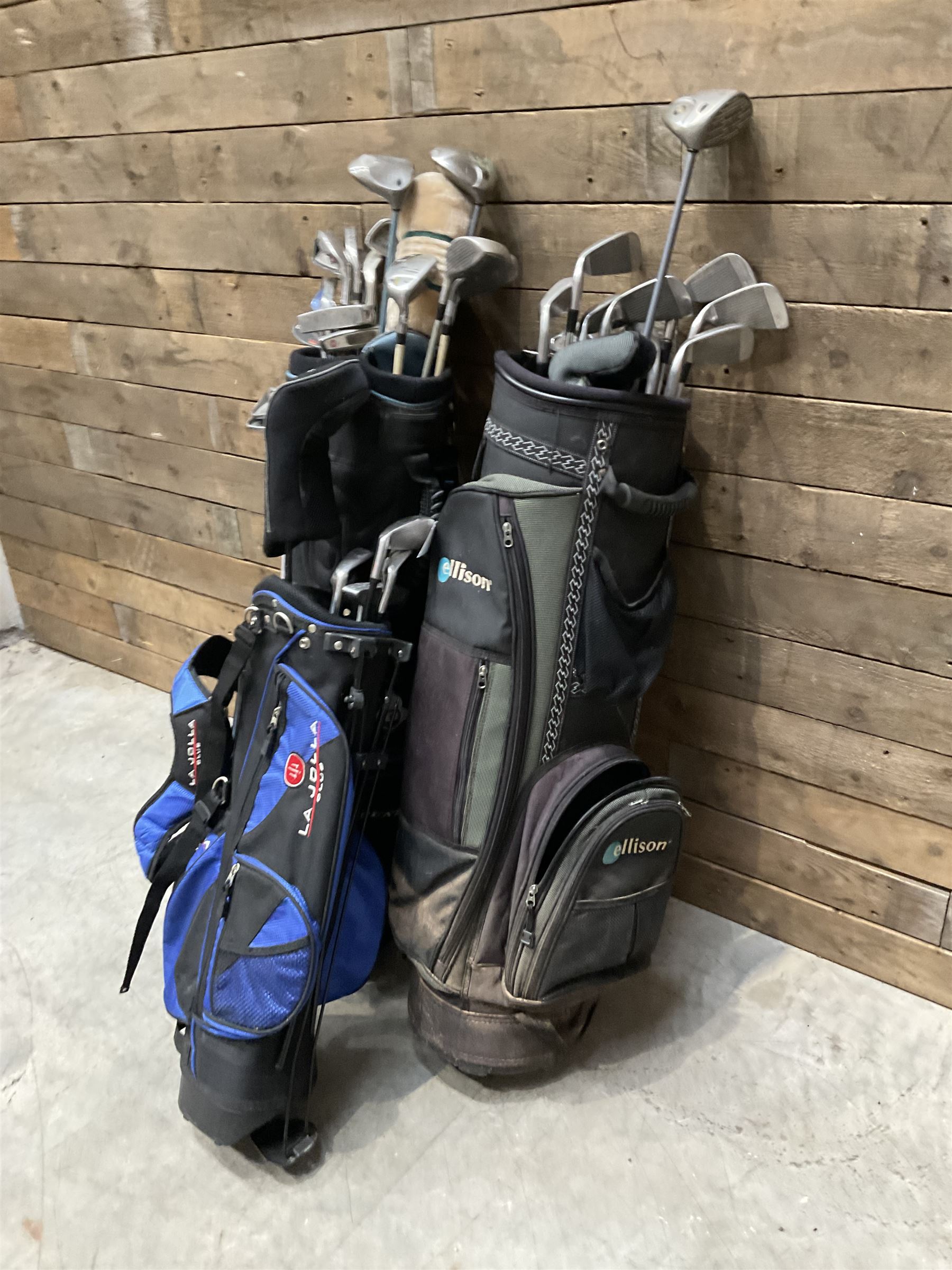 Battlesticks and other golf clubs in three bags