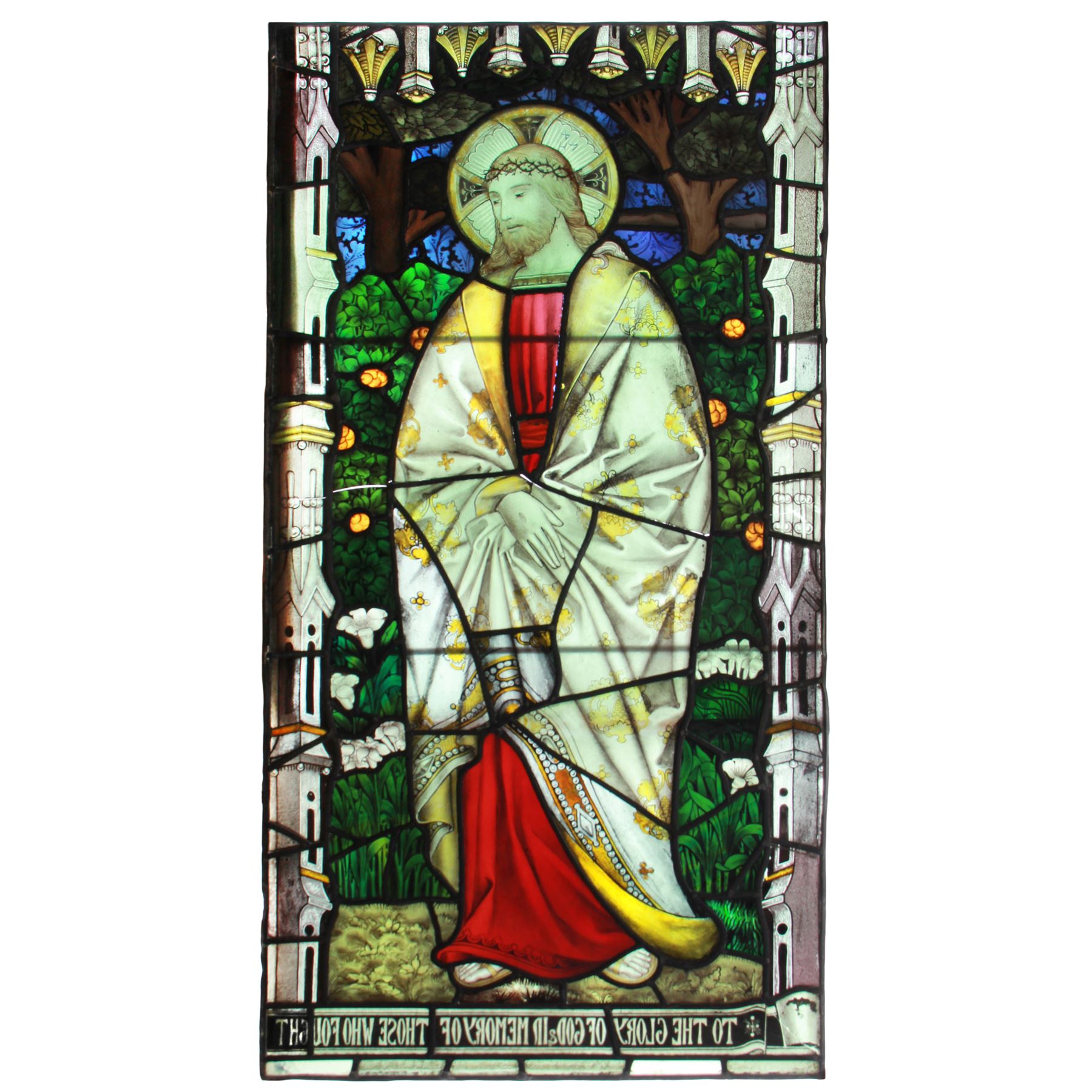 Large late 19th/early 20th century leaded stained glass panel, depicting Jesus with crown of thorns, in red upon yellow ground, H123cm W63cm