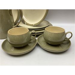 Denby tea and dinner wares, including bowls, jugs, tureens, side plates, dinner plates, serving dishes, cups and saucers, coffee pot, etc, all decorated with a green and brown mottled glaze, with printed marks beneath, in two boxes 